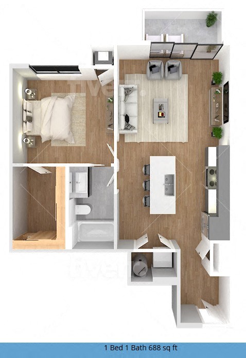 Floor plan for 1 bed, 1 bath, 688 sqft